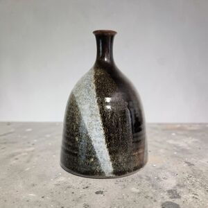 Vintage Artist Signed Studio Pottery Modernist Bud Vase Brown Gray 7 Inches